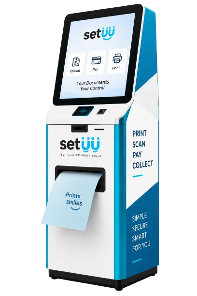 PageDock self-service print kiosk with touchscreen, branding, and document collection tray